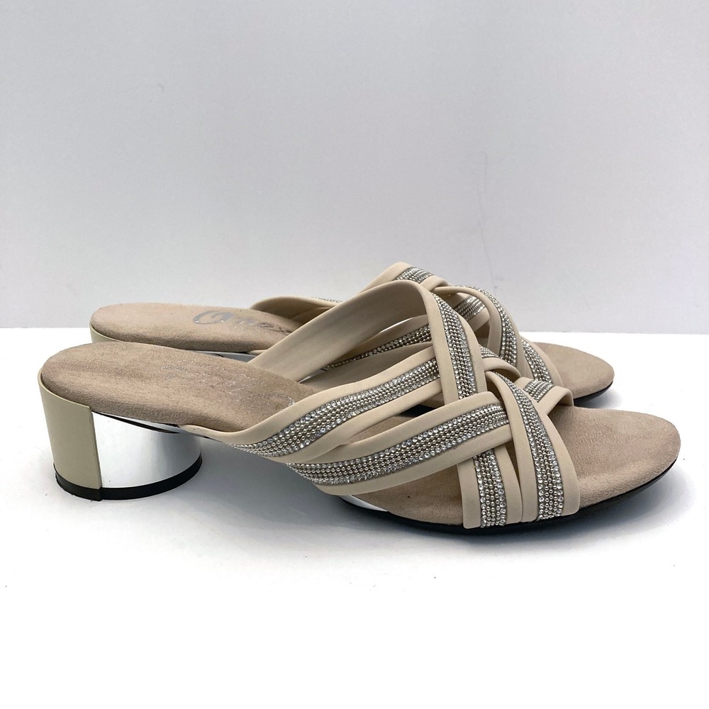 Onex Misha Sandals Block Heel Womens 8 Beige Straps Crystals Made In Italy - Picture 2 of 9